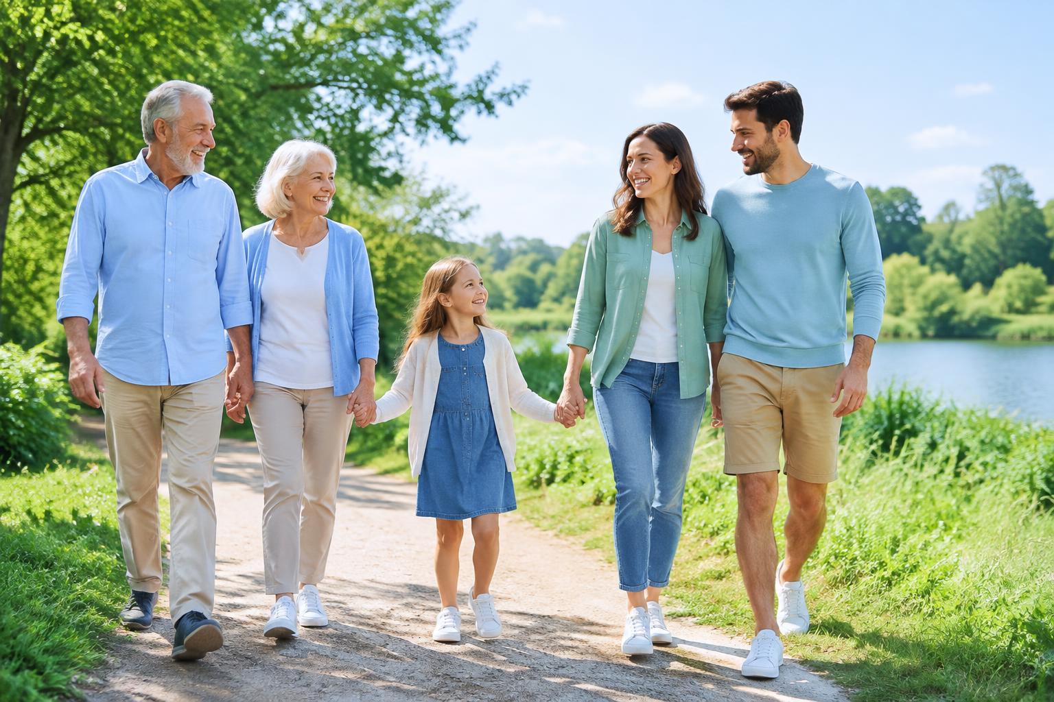 Familia paseando por un parque con aire limpio